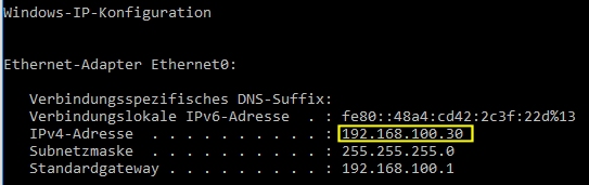 ipconfig zeigt die IP-Adresse